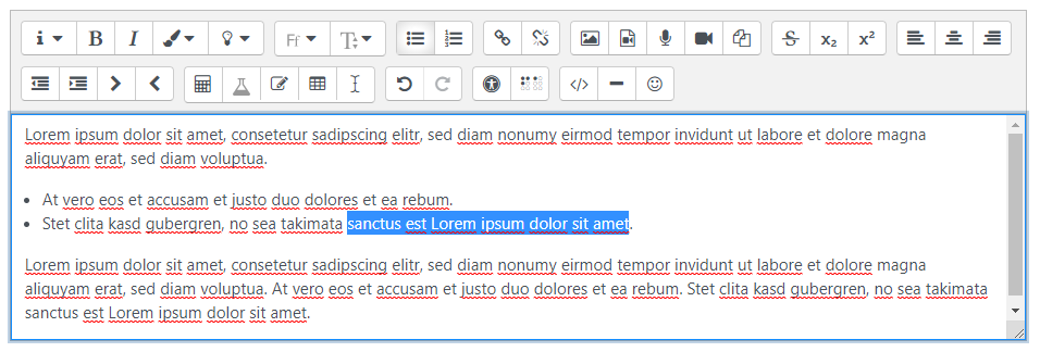 Screenshot des Text-Editors Atto mit Beispieltext. Ein Satz ist zur Veranschaulichung markiert.