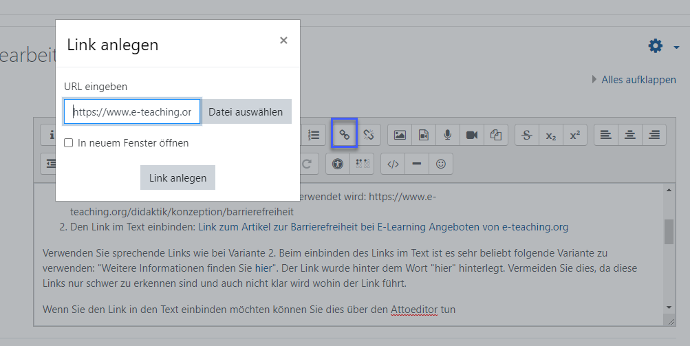 Screenshot des Menüs, in dem die Schaltfläche "Link einfügen/konfigurieren" blau umrahmt ist. Übergelagert ist das Fenster zum Anlegen eines Links zu sehen. 