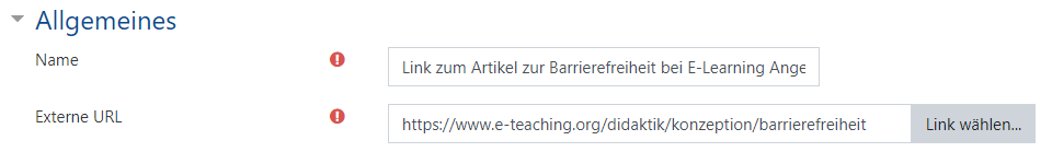 Screenshot des Menüpunkts, über den ein Link in Moodle als Lernmaterial hinzugefügt werden kann.