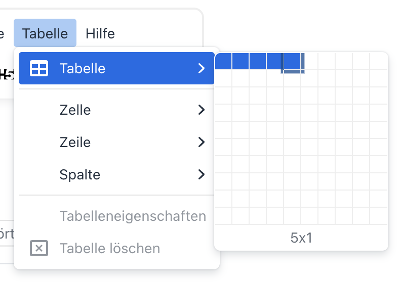 Screenshot der Tabellen-Funktion im Tiny-Editor in Moodle.