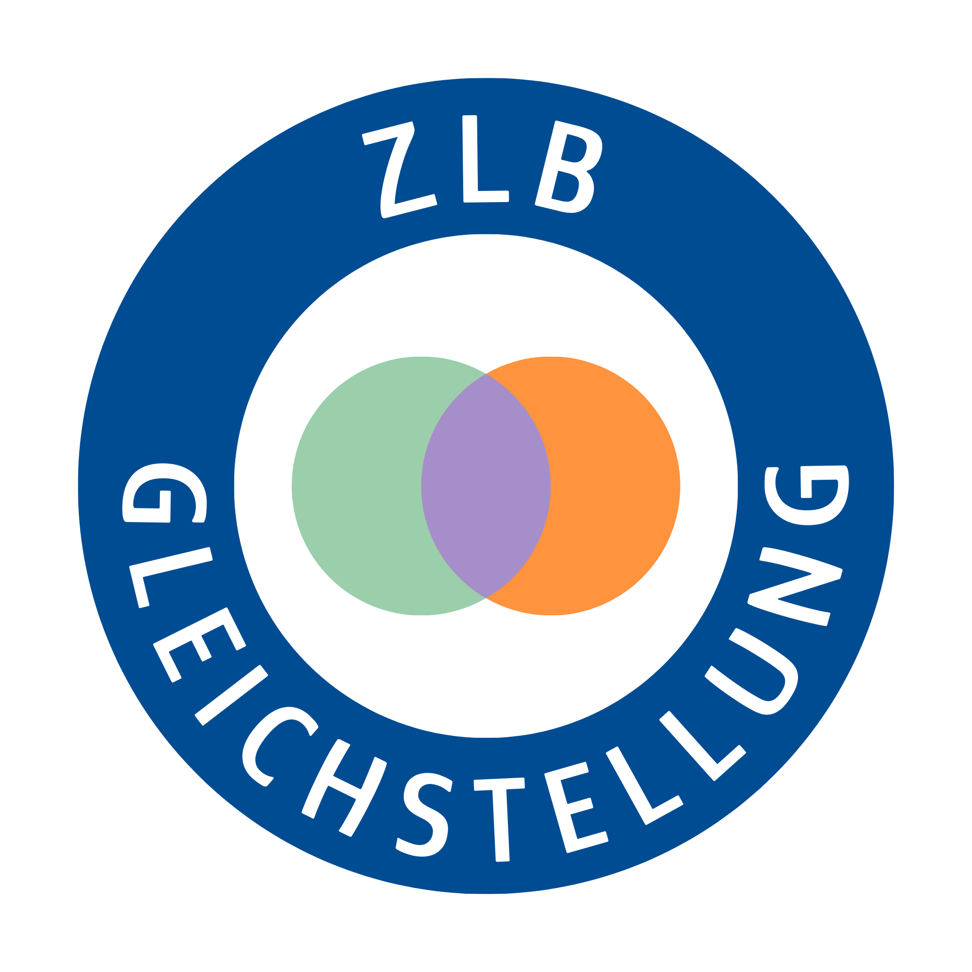 Rundes Logo der ZLB Gleichstellung in den UDE-Farben Blau, Grün, Orange und Lila.