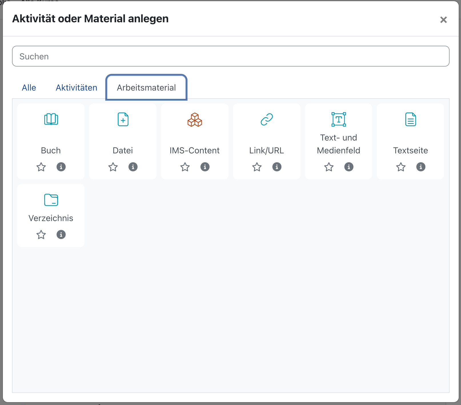 Screenshot der verfügbaren Arbeitsmaterialien.