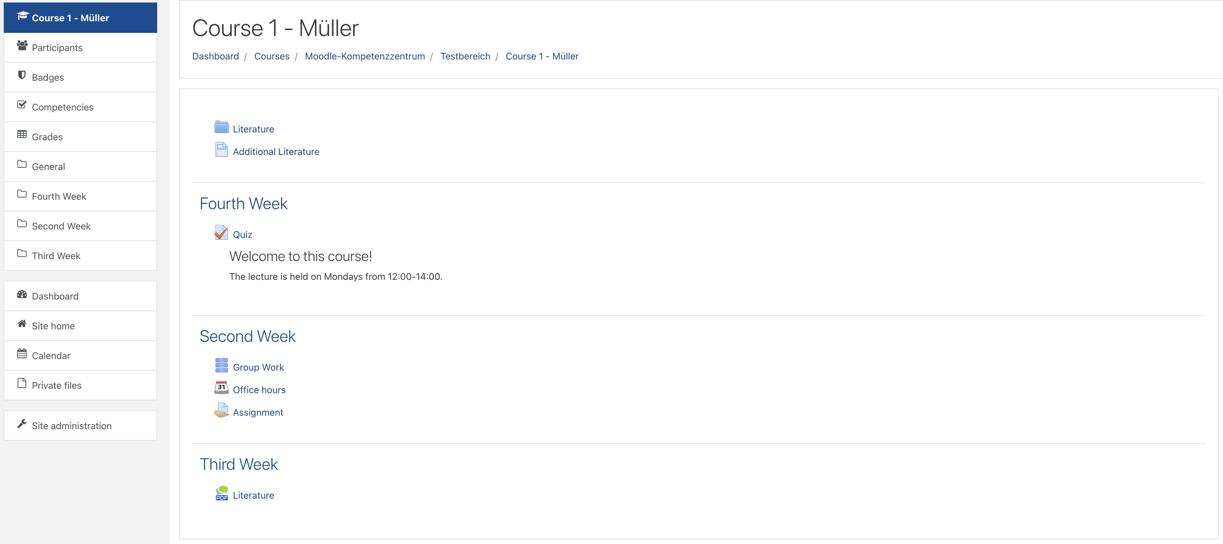 Screenshot of a Moodle course in which the topic sections and resources are presented in an unstructured manner.