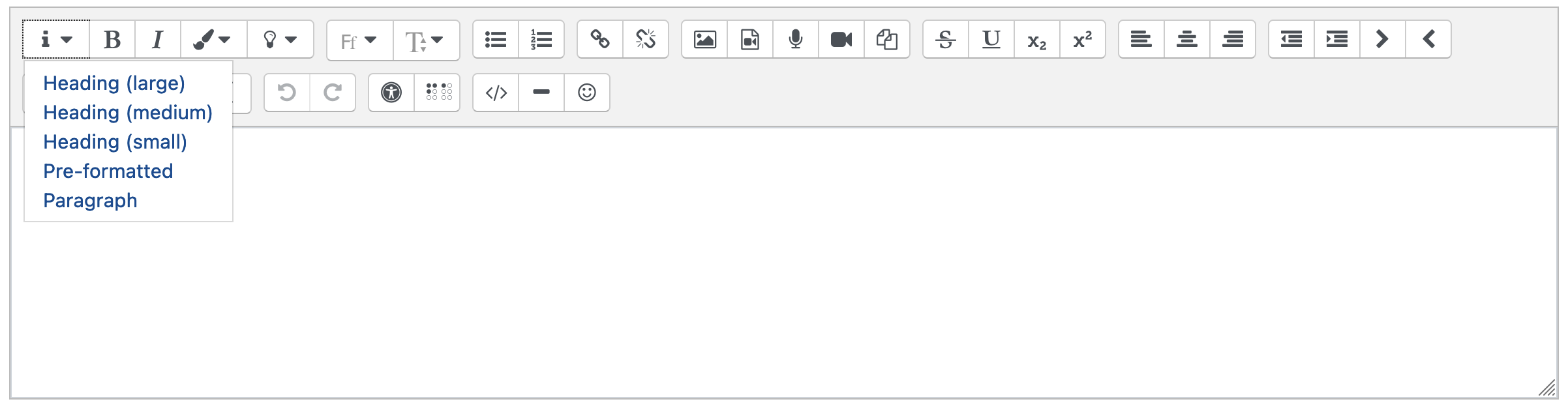 Screenshot of the toolbar in the Atto text editor. The context menu for headline configuration is expanded.