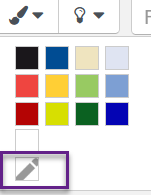 Screenshot of the ‘Colours’ menu in the Atto editor showing the ‘paintbrush’ and ‘lightbulb’ buttons as well as different coloured tiles for selecting a colour.