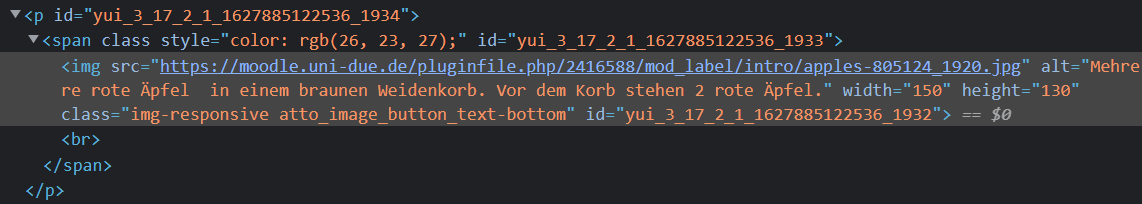 Screenshot of the source code of this Moodle course. The alternative text contained in it is highlighted.