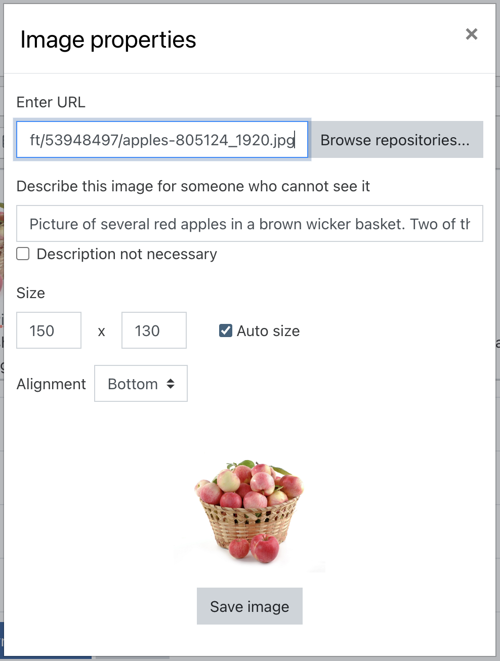 In Moodle, you can enter alternative texts for your images directly while uploading them.
