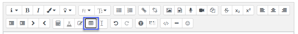 Screenshot of the Atto text editor toolbar. The table tool button is highlighted with a blue frame.