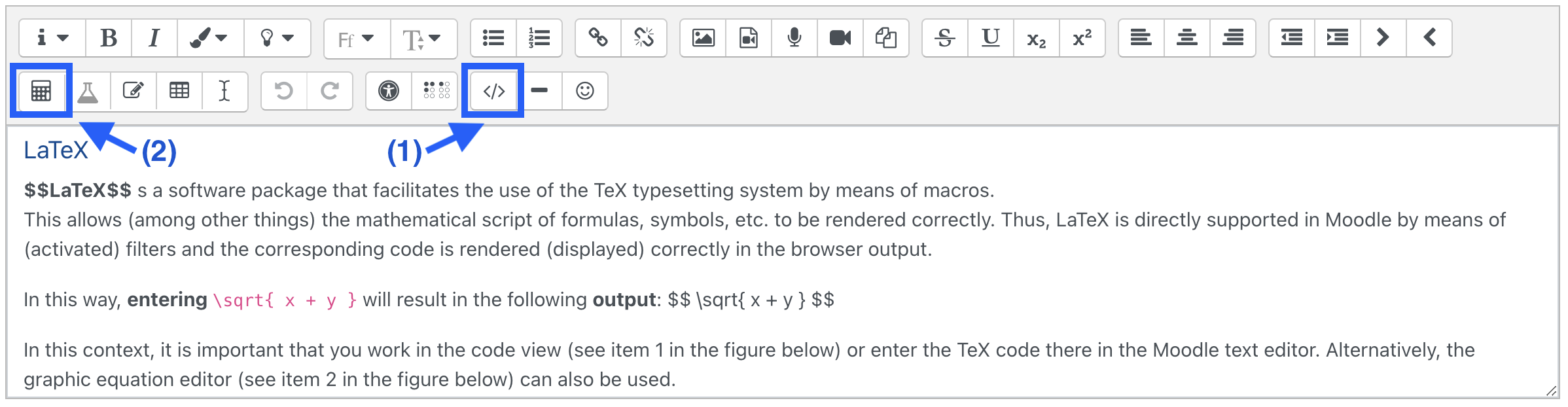 Screenshot of the Atto text editor toolbar. The buttons for the equation editor and the HTML mode are highlighted with blue frames and numbered arrows.