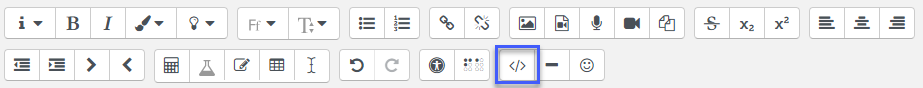 Screenshot of the Atto text editor toolbar. The button for activating the HTML mode is highlighted with a blue frame.